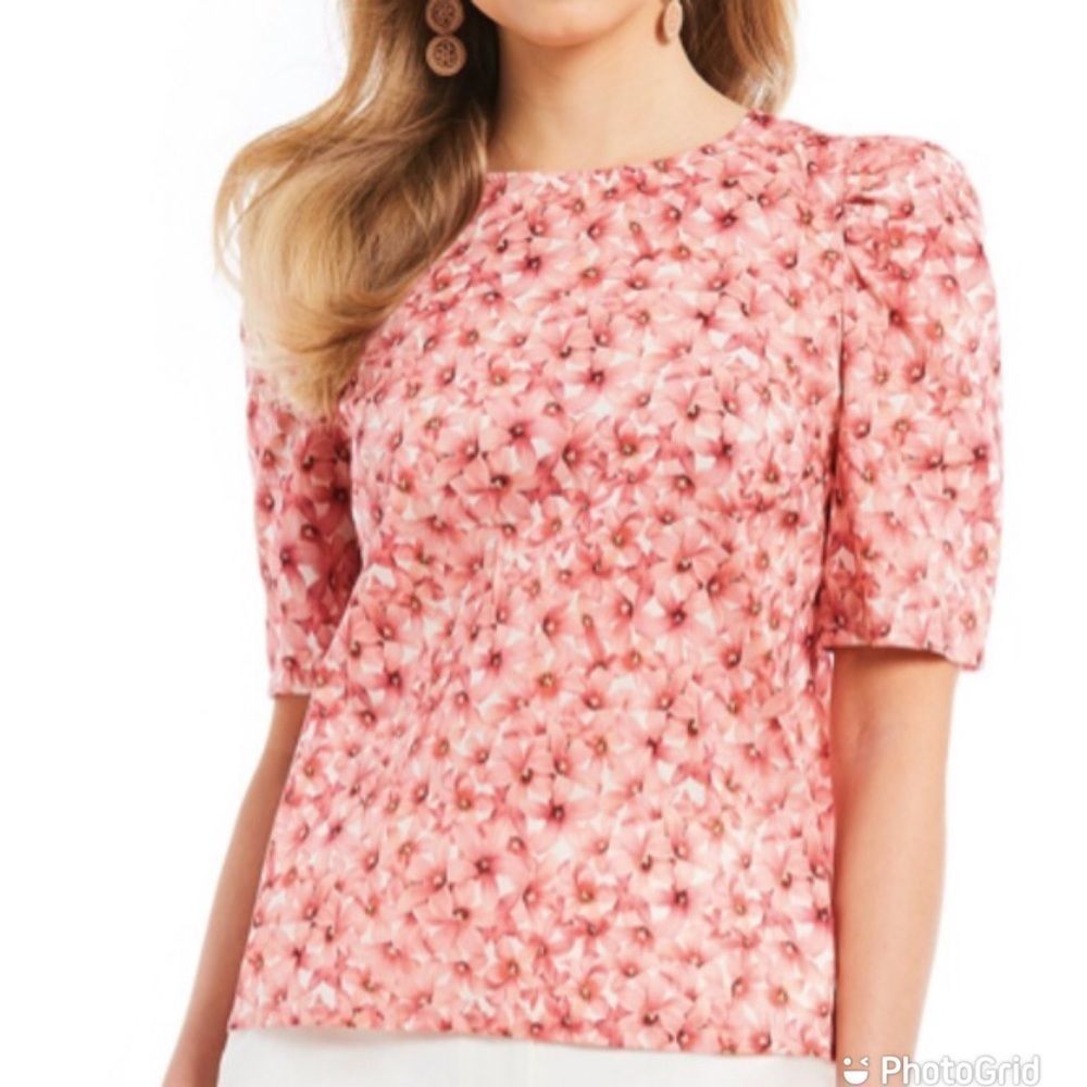 ANTONIO MELANI Puff Sleeve Cotton Top Blouse Floral Print Mauve Pink Medium New